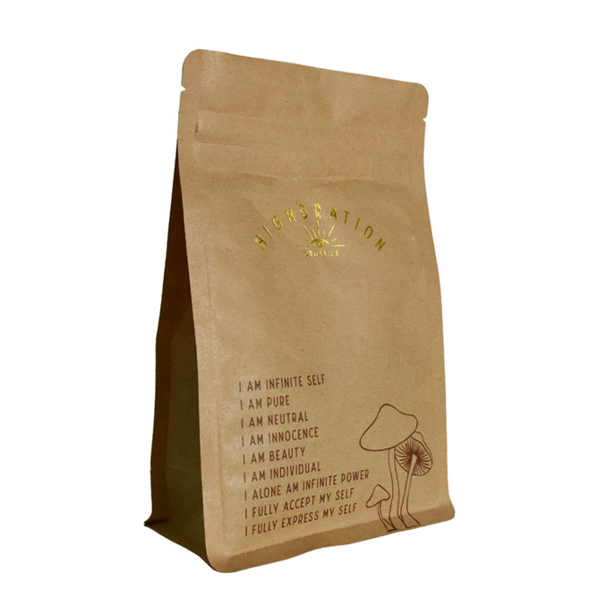 Bolsa compostable de fondo plano personalizado para empacar bocadillos con logotipo de estampado caliente