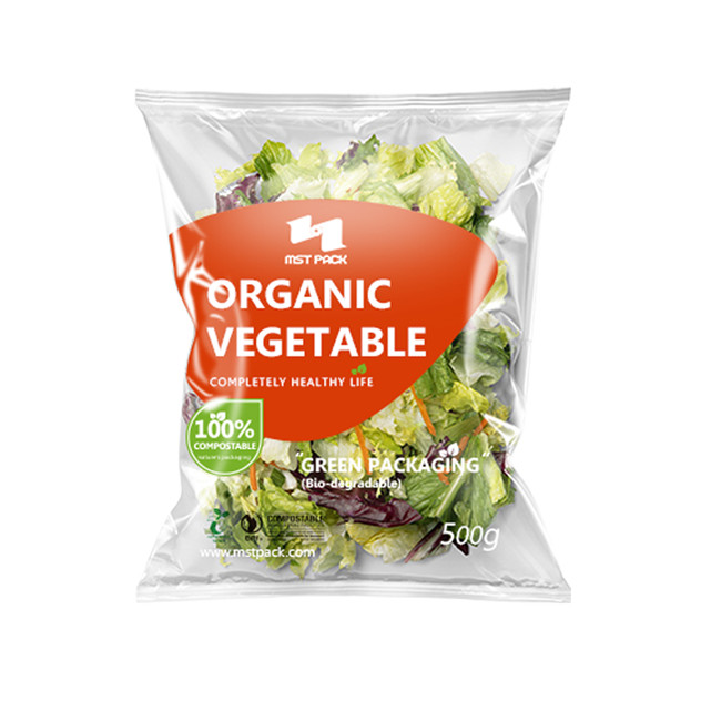 Bioplástica Bolsa de envasado verde compostable para ensalada de vegetales con barrera