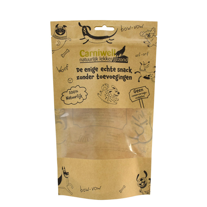 Tamaño personalizado Kraft Paper Materiales compostables para empacar alimentos para mascotas con ventana clara
