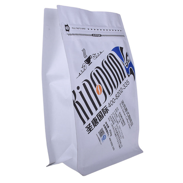 Bolsa de café Kraft blanca personalizada con cremallera delantera biodegradable