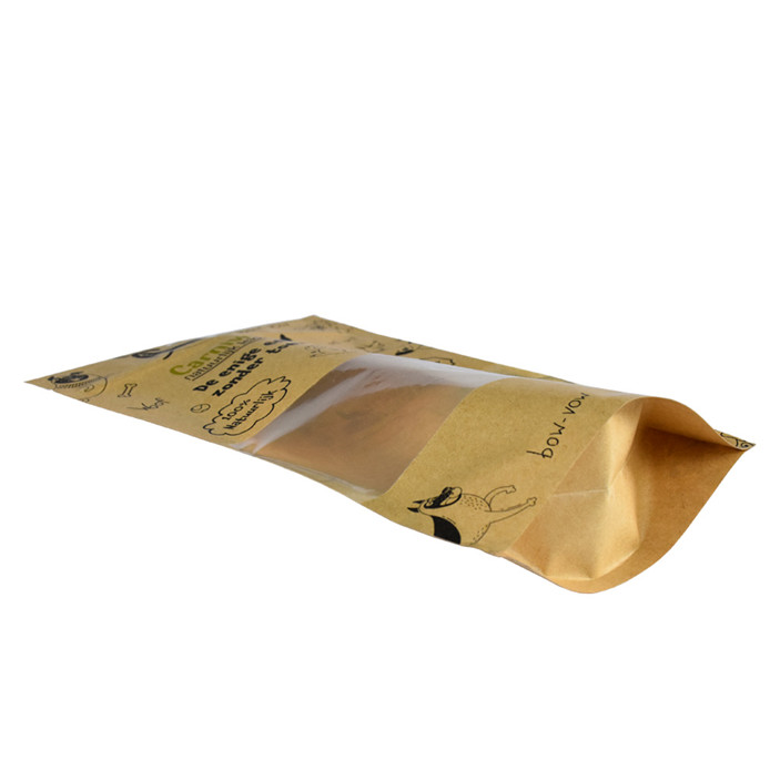 Tamaño personalizado Kraft Paper Materiales compostables para empacar alimentos para mascotas con ventana clara
