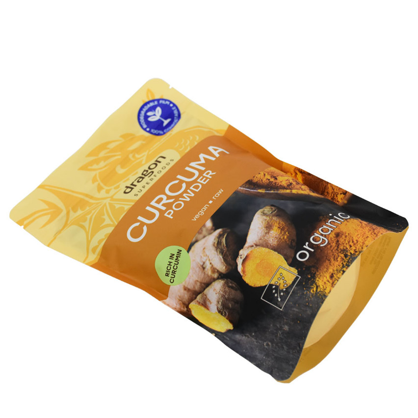 Diseño creativo de suministro de fábrica Bolsas de envasado de polvo de diseño de cúrcuma de diseño compostable