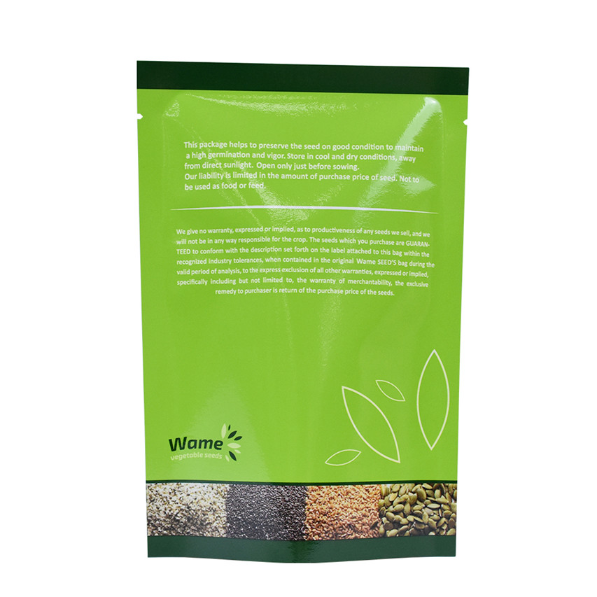 Embalaje flexible Reciclaje de bolsas de stand up biodegradable Embalaje de aduanas Desbloqueación de empaquetado de semillas 